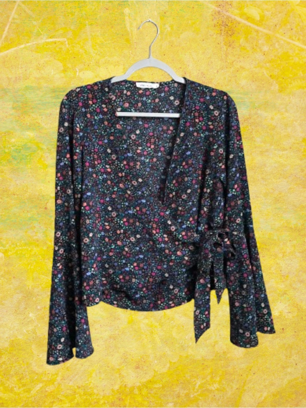 Boho bell sleeve Chloe & Katie floral wrap top crepe cottagecore fairycore sz M